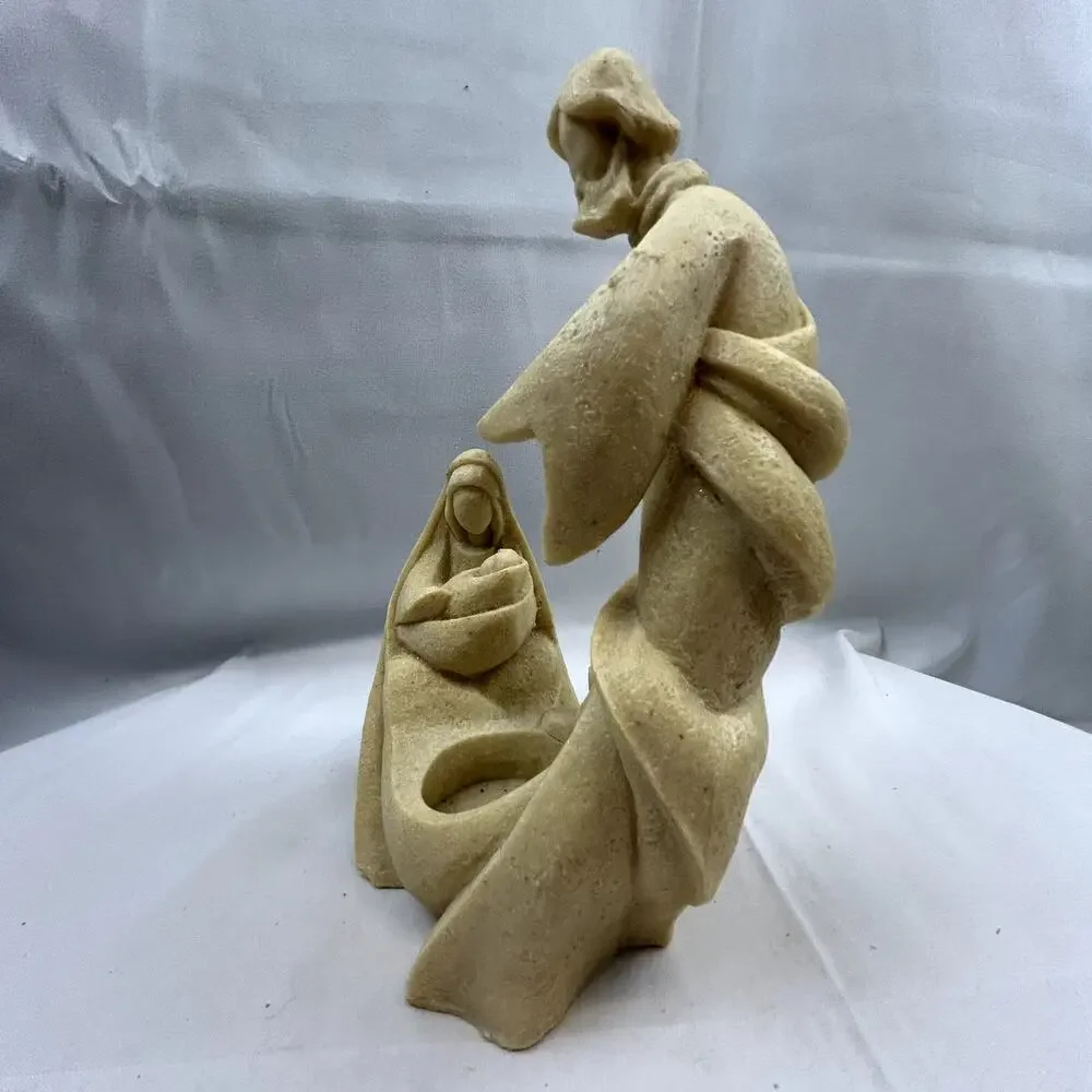 SKU2184 Holy Family Nativity Tea Light Candle Holder Mary Jesus Joseph Sandstone